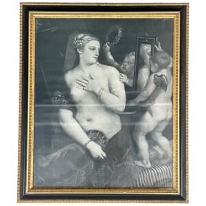 Vintage Framed Classical Art Print Woman & Cherubs Black White 13x11